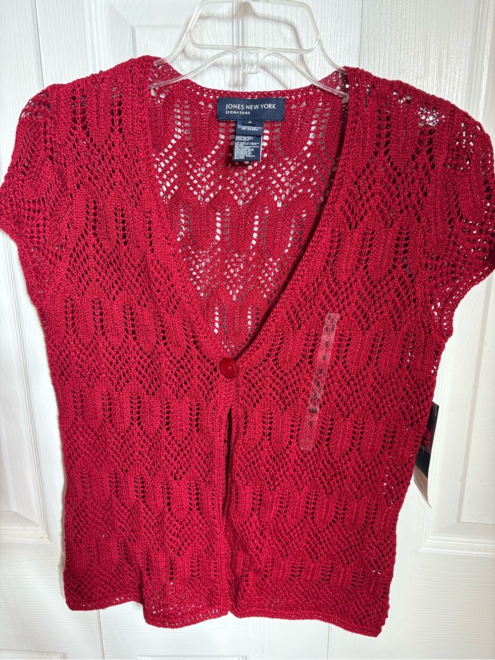 Jones New York Crimson Openwork Short-Sleeve Cardigan
